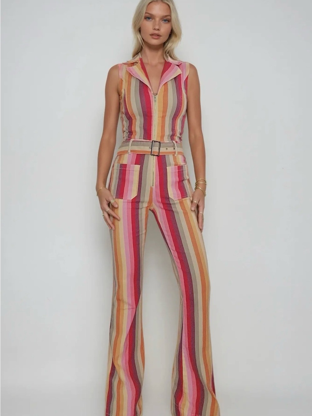 Sleeveless Multi-Stripe Belted Jumpsuit in Pink & Tan